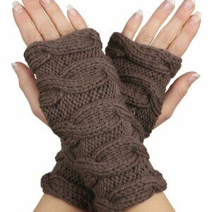 Truffle Brown Made in Canada Fingerless Cable Knit Gloves Mittens ArmWar…